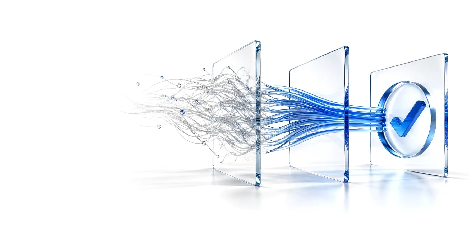 Tangled strands pass through three glass panels and leave as ordered blue lines ending in a tick.